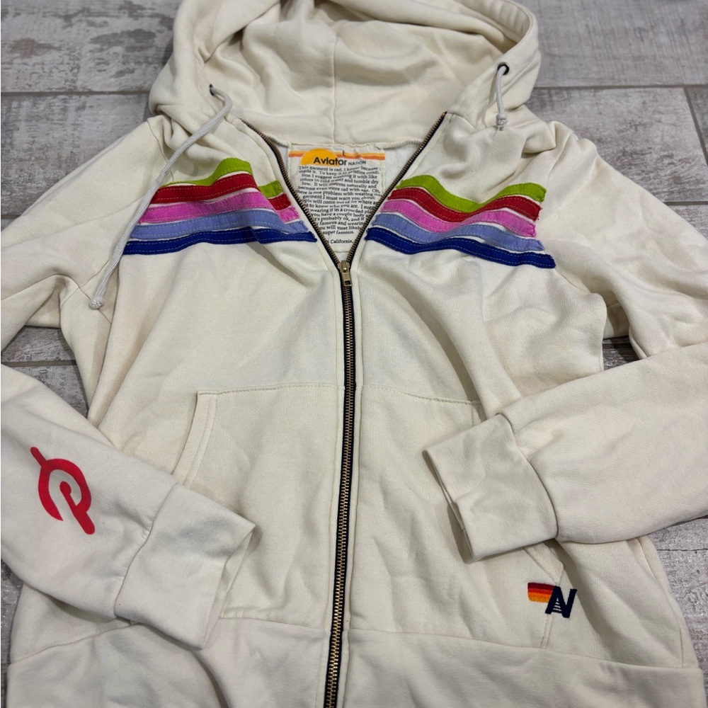 Aviator Nation Cream Hoodie with Multicolor Stripes